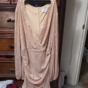 Express Shimmering Long Sleeve Dress in Rose Gold